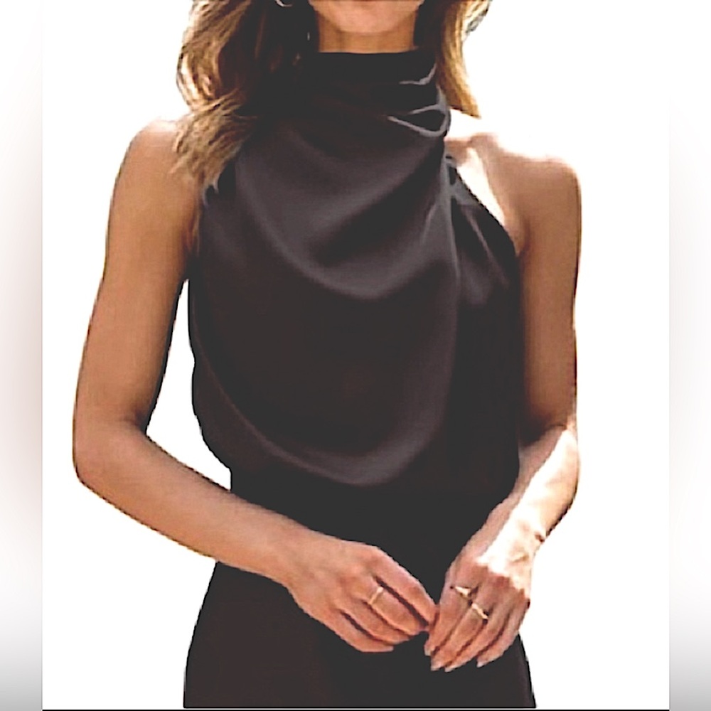 BTFBM Black Satin, Maxi Cocktail Dress, high-neck, Size:M, NWT w. extra button - Picture 4 of 10